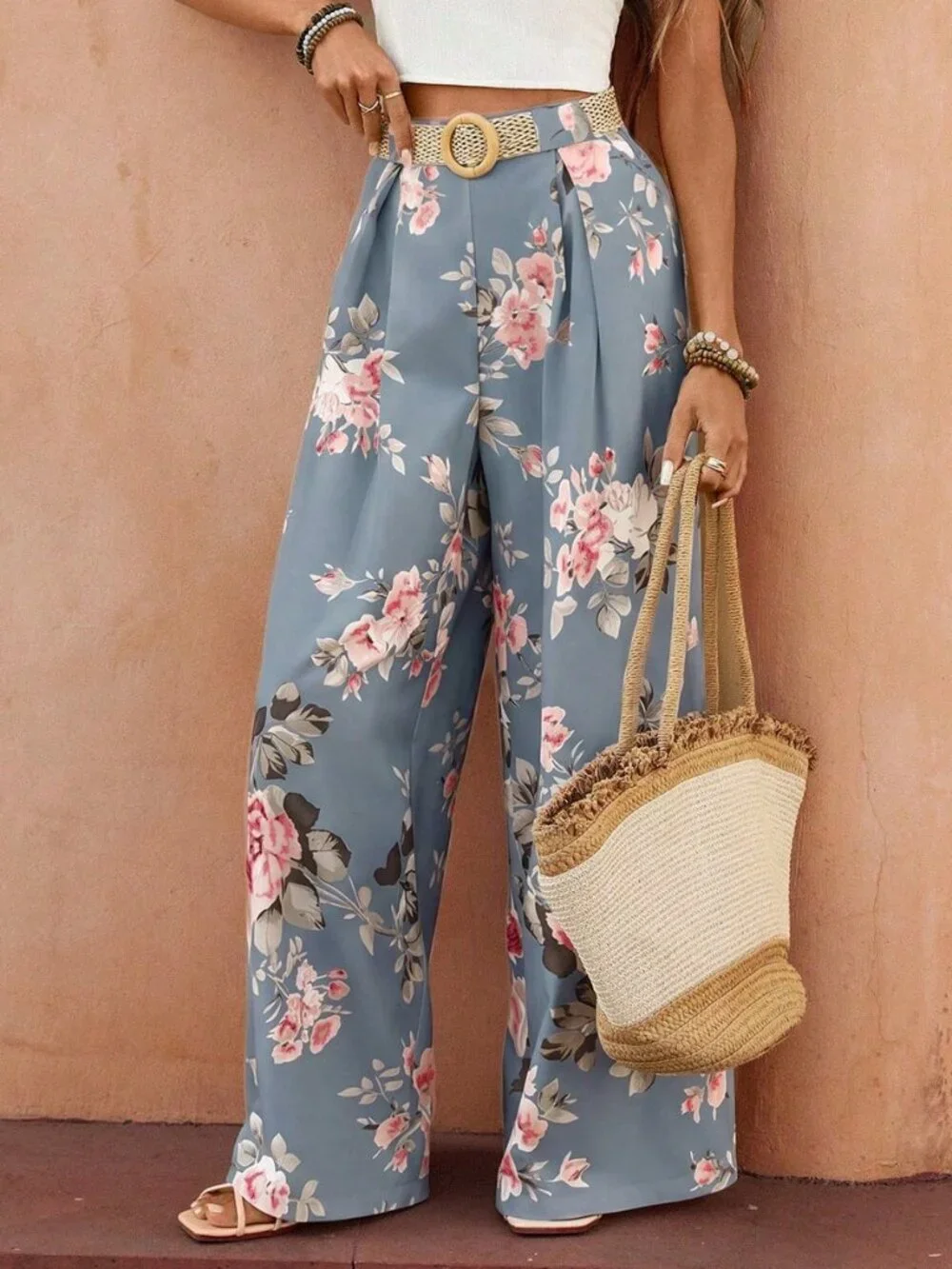 Blue Boho Women's Casual Bohemian Printed Wide Leg Pants - Picture 6 of 7